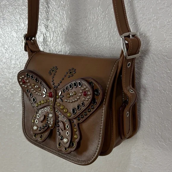 COACH Butterfly Embellished Brown Leather Crossbody Bag - Picture 15 of 17